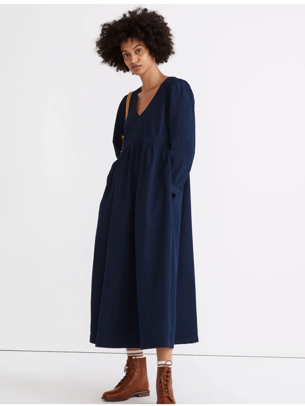 Madewell Sylvia Dobby Indigo Blue Denim Babydoll Long Sleeve V Neck MIDI Dress M